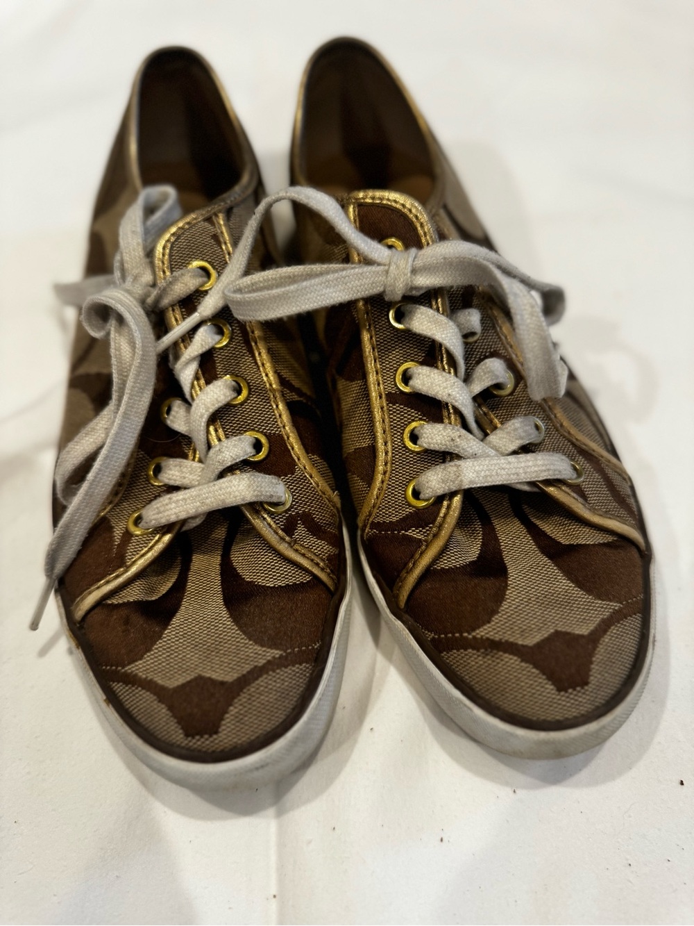 Coach Brown Signature Canvas Sneakers with Gold Trim